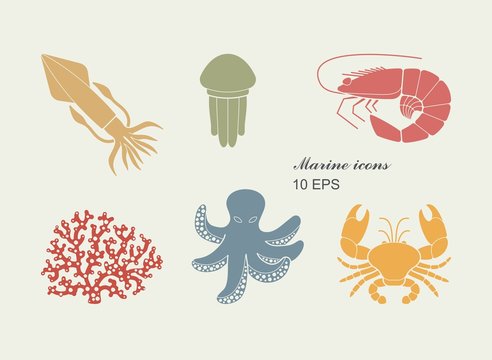Collection of icons of sea inhabitants in flat style