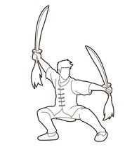 Man with swords action, Kung Fu pose graphic vector.