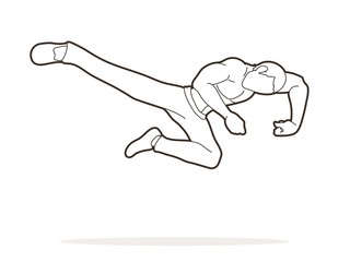 Kung fu action jump kick graphic vector.