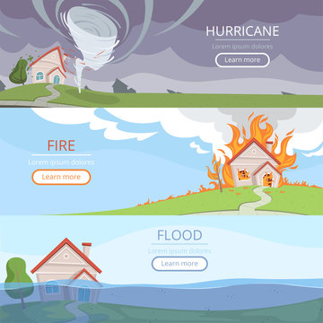 Disaster weather banners. Tsunami volcano wind storm rain house damage from lightening vector pictures with place for text. Illustration of hurricane damage, disaster and storm