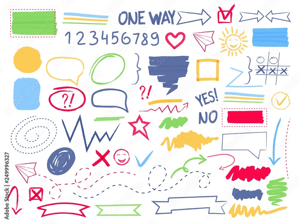 Poster marker highlight. pen coloring scribble selection arrows frames and borders oval circle square vecto