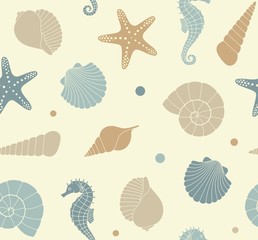 Seamless background with silhouettes of sea shells, seahorse and starfish