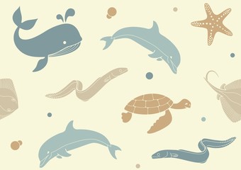 Seamless background with icons of sea inhabitants in flat style