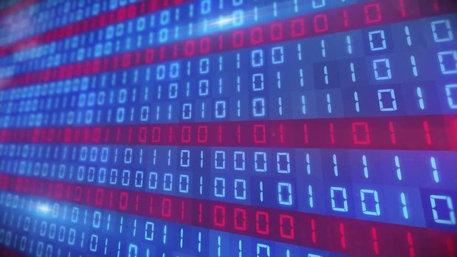 3d videoanimation of a blue and red binary code. Motion background - depth of field.