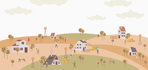 Spring background. Poster with spring landscape with people and houses in the Scandinavian style. Editable vector illustration