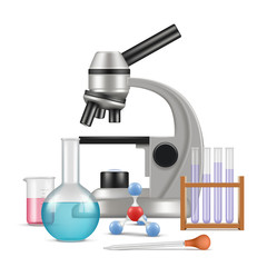 Science laboratory 3d. Biology physics items for tests and experiments in lab microscope glass tubes vector realistic composition. Experiment lab, research and education, test chemistry illustration