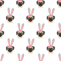 Pug with rabbit ears seamless pattern