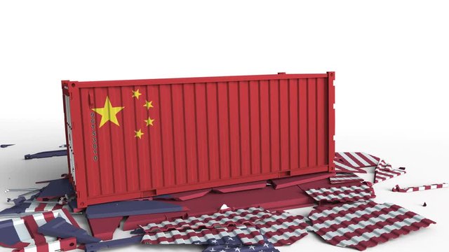 Container with flag of China breaks cargo container with flag of the United States. Trade war or economic conflict related conceptual animation