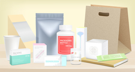Different kinds of packaging on wooden table, background. Vector illustration