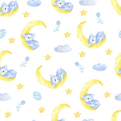 Cute seamless pattern with funny bear and moon. Nursery teddy bear illustration.