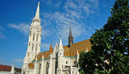 View of the beautiful Matthias church, Buda, sunny day, Budapest, Hungary