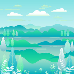 Fototapeta na wymiar Hills landscape in flat style design. Valley with lake background. Beautiful green fields, meadow, mountains and blue sky. Rural location in the hill, forest, trees, cartoon vector