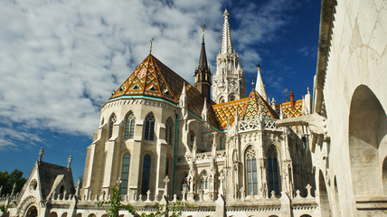 Back view of the Matthias church, Buda, sunny day, Budapest, Hungary