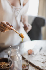young couple making cookies with honey. Cooking
