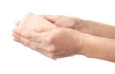 Woman washing hands on white background