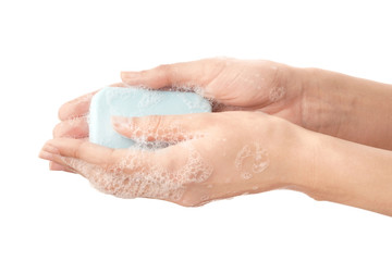 Naklejka premium Woman washing hands on white background