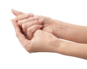 Fototapeta premium Woman washing hands on white background