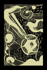 Abstraction with texture circles and lines. Vector graphic hand-drawn illustration on black background.
