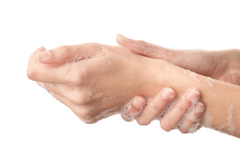 Woman washing hands on white background