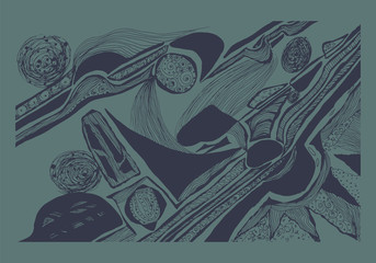 abstraction with textures, circles, lines, stains. Vector graphic hand-drawn illustration.