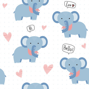 Cute adorable kawaii blue elephant with heart cartoon pastel seamless pattern background wallpaper © ciaoaleandro