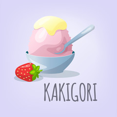 Traditional Japanese dessert kakigori. Ice chips with strawberry syrup. Vector flat illustration. Greeting card with place for text.