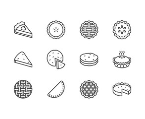 Pie flat line icons set. Ossetian, cherry, apple, pumpkin pies, casserole, pita vector illustrations. Thin signs for bakery. Pixel perfect 64x64. Editable Strokes - obrazy, fototapety, plakaty