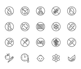 Natural food flat line icons set. Sugar, gluten free, no trans fats, salt, egg, nuts, vegan vector illustrations. Thin signs for packaging, expiration date. Pixel perfect 64x64. Editable Strokes
