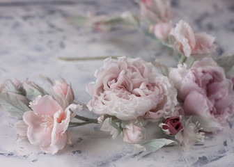 Pink silk flower wedding wreath on white background