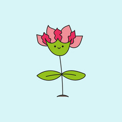 Kawaii flower with green leaves. Vector.