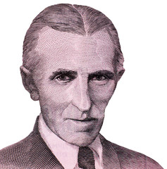 World famous inventor Nikola Tesla portrait isolated on white background. Fragment of yugoslavian...