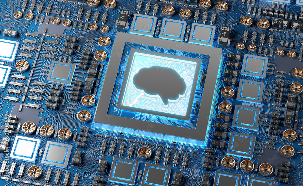 Fototapete artificial intelligence in a modern gpu card 3d rendering