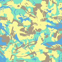 Grunge camouflage seamless pattern, blue and yellow monochrome. Urban fashion clothing style masking camo repeat print. Pastel colors texture. Design element. Vector illustration 