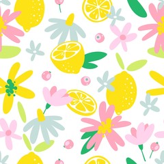 Materiał do szycia Summer fruit seamless pattern in hand drawn style. Vector fabric design with lemons and flowers.