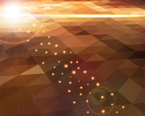 Abstract  polygon shaped background - glowing light effect and lens flares on geometric mosaic.  Colorful background with varicolored gradient triangles.