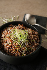 Bowl with tasty boiled buckwheat on grey table
