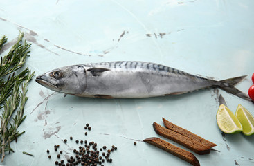Raw mackerel fish and spices on light table
