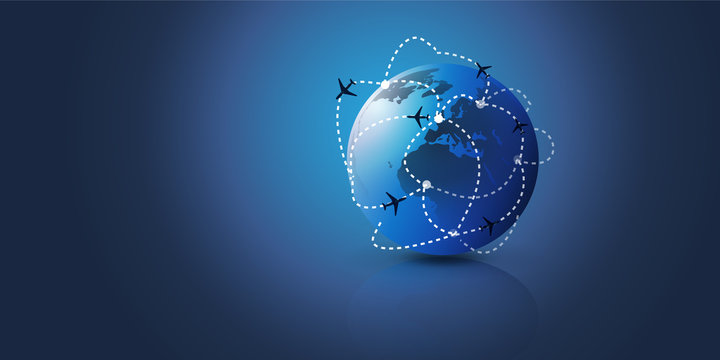 Traveling All Around the World - Airplane Travel - Globe Design Vector Concept 