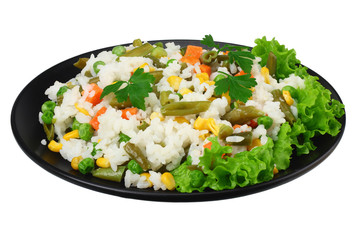 black plate with white rice, green peas, canned corn kernels, cut green beans isolated on white background