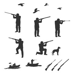 A man stands on one knee and fired from a rifle. Nearby is a dog.Rubber boats with a motor in a different position. Isolate on white background.