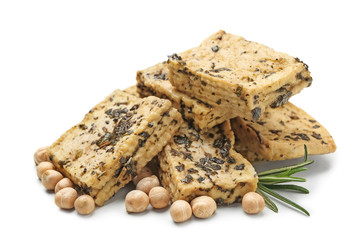 Tasty tofu cheese on white background