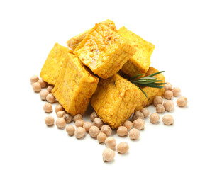 Tasty tofu cheese on white background