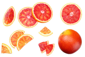 Red blood orange fruit with slices isolated on white background. top view