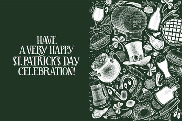 St. Patricks day design template. Vector hand drawn illustrations on chalk board. Irish vintage background. Can be use for menu cover or packaging.