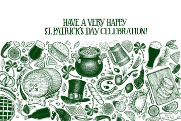 St. Patricks day design template. Vector hand drawn illustrations. Irish vintage background. Can be use for menu cover or packaging.
