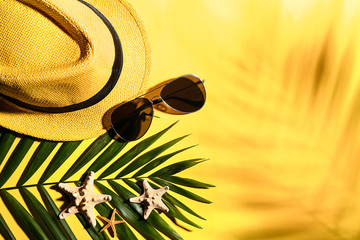 Obraz premium Composition with tropical leaf, beach hat and sunglasses on color background