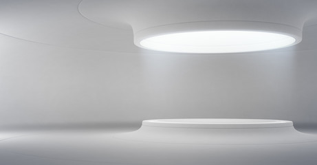 Abstract interior design of modern showroom with empty white floor and curved concrete wall background, Podium for product display in future architecture or spaceship - Stage 3d illustration © terng99