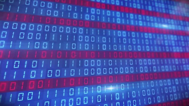 3d videoanimation of a blue and red binary code. Motion background - depth of field.