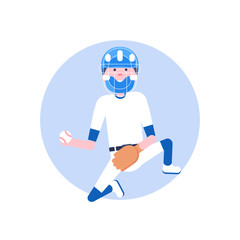 Vector Illustration. Baseball cartoon character in flat style. Baseball player with glove and ball in helmet. Team game. Player icon