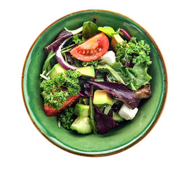 Bowl with tasty vegetable salad on white background